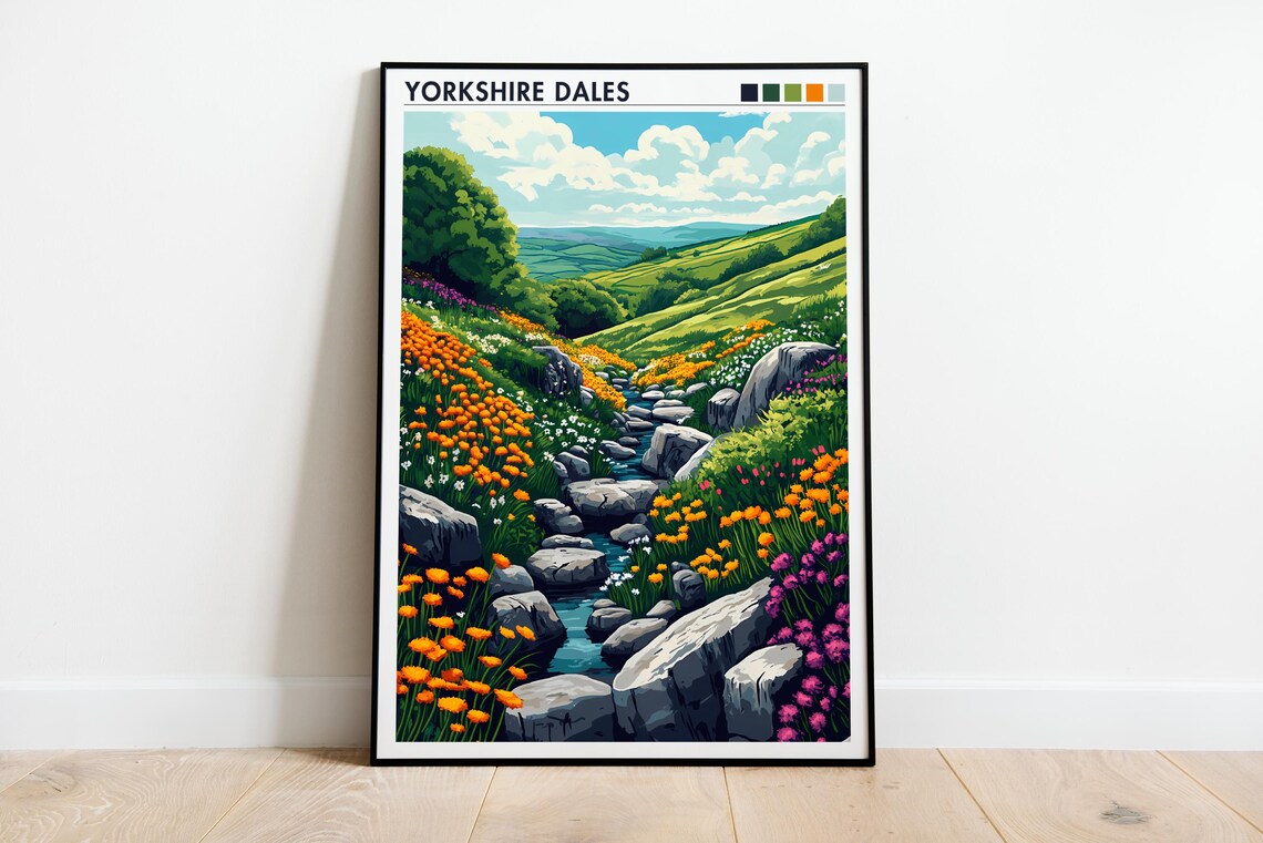 Yorkshire Dales Travel Poster Spring Wildflower Hills Retro England