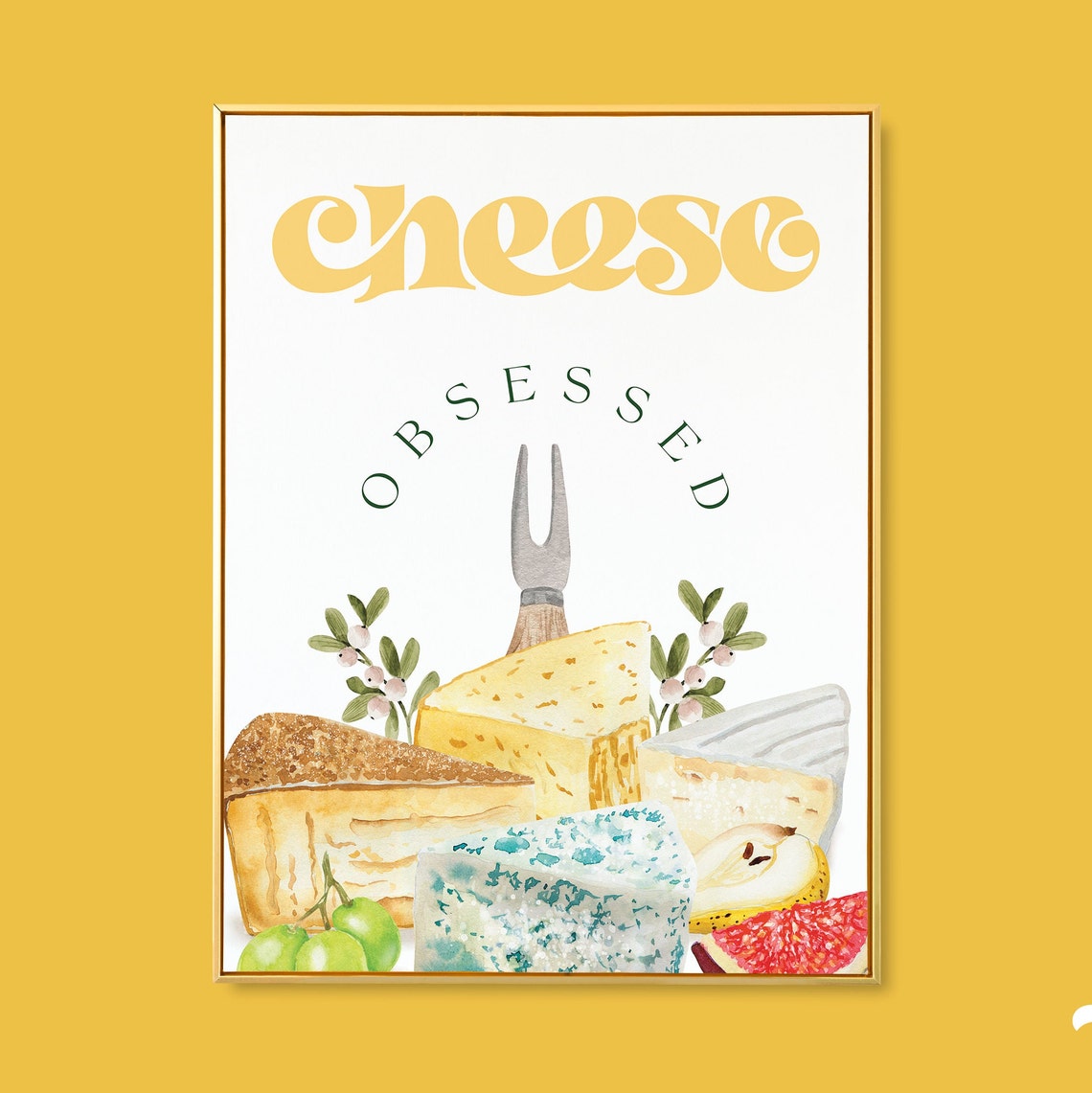 Cheese Obsessed Retro Watercolor Cheese Board Kitchen Art Poster