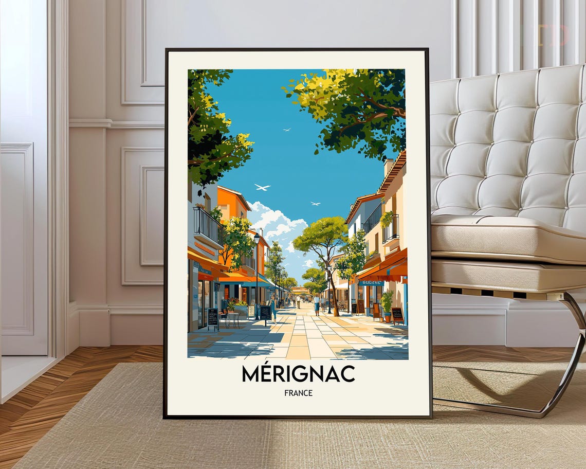Merignac France Sunny Street Cafes Shops Town Scene Travel Poster