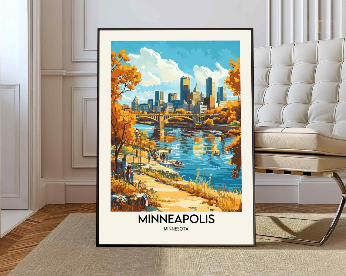 Minneapolis Minnesota Skyline Stone Arch Bridge Fall Travel Poster