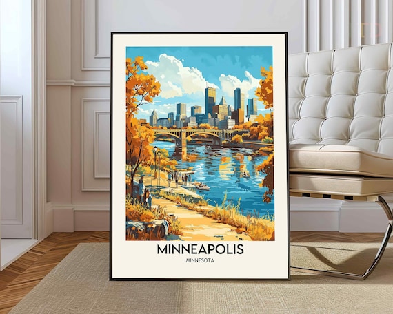 Minneapolis Minnesota Skyline Stone Arch Bridge Fall Travel Poster