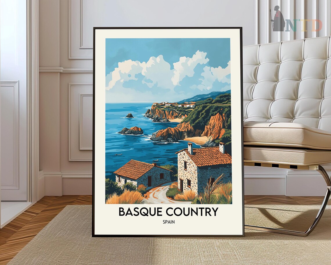 Basque Country Spain Rocky Cove Red Roof Houses Travel Poster