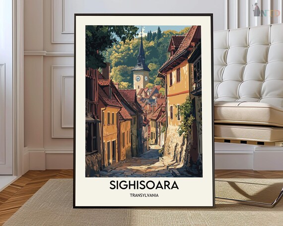 Sighisoara Transylvania Medieval Street Vintage Travel Poster