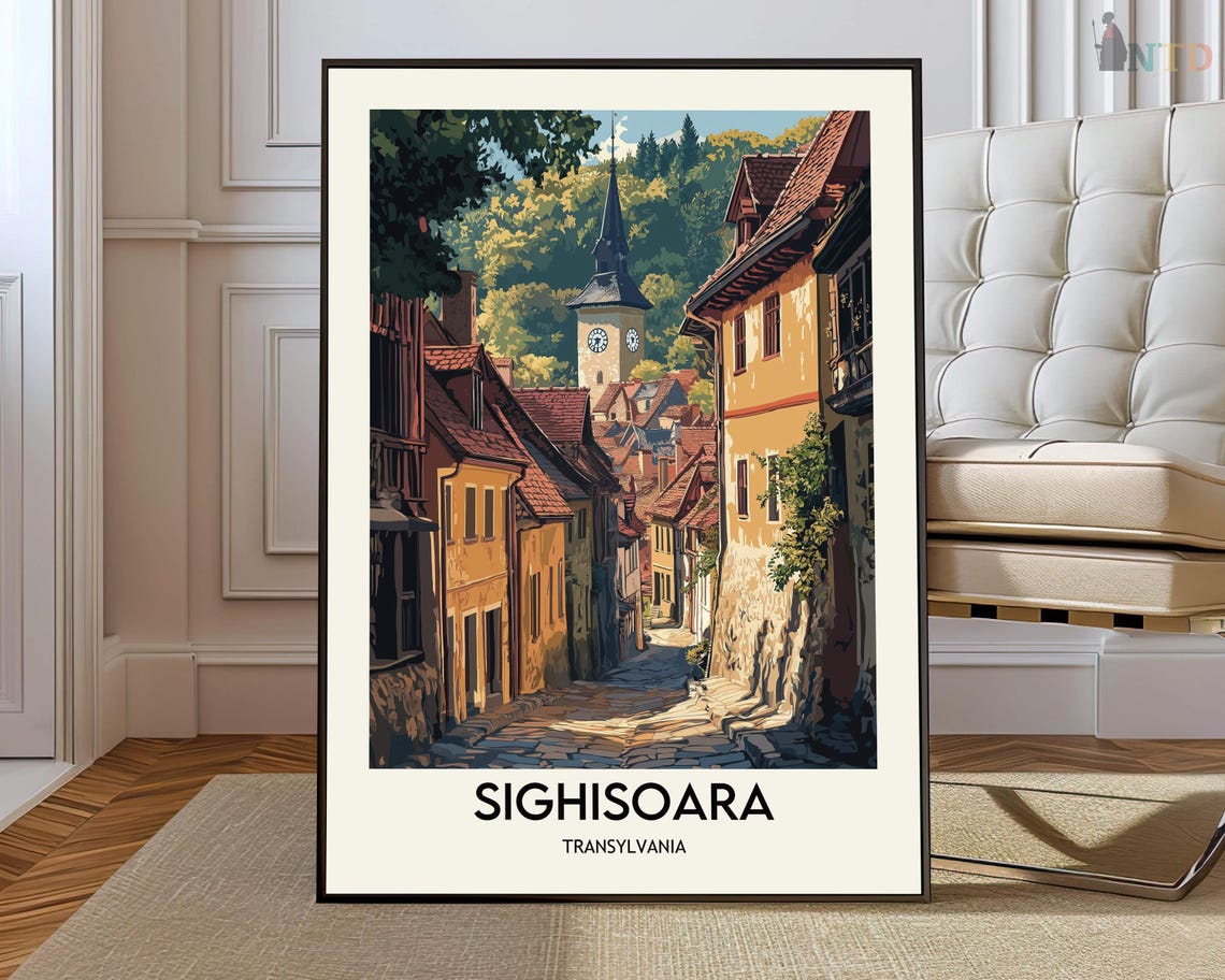 Sighisoara Transylvania Medieval Street Vintage Travel Poster