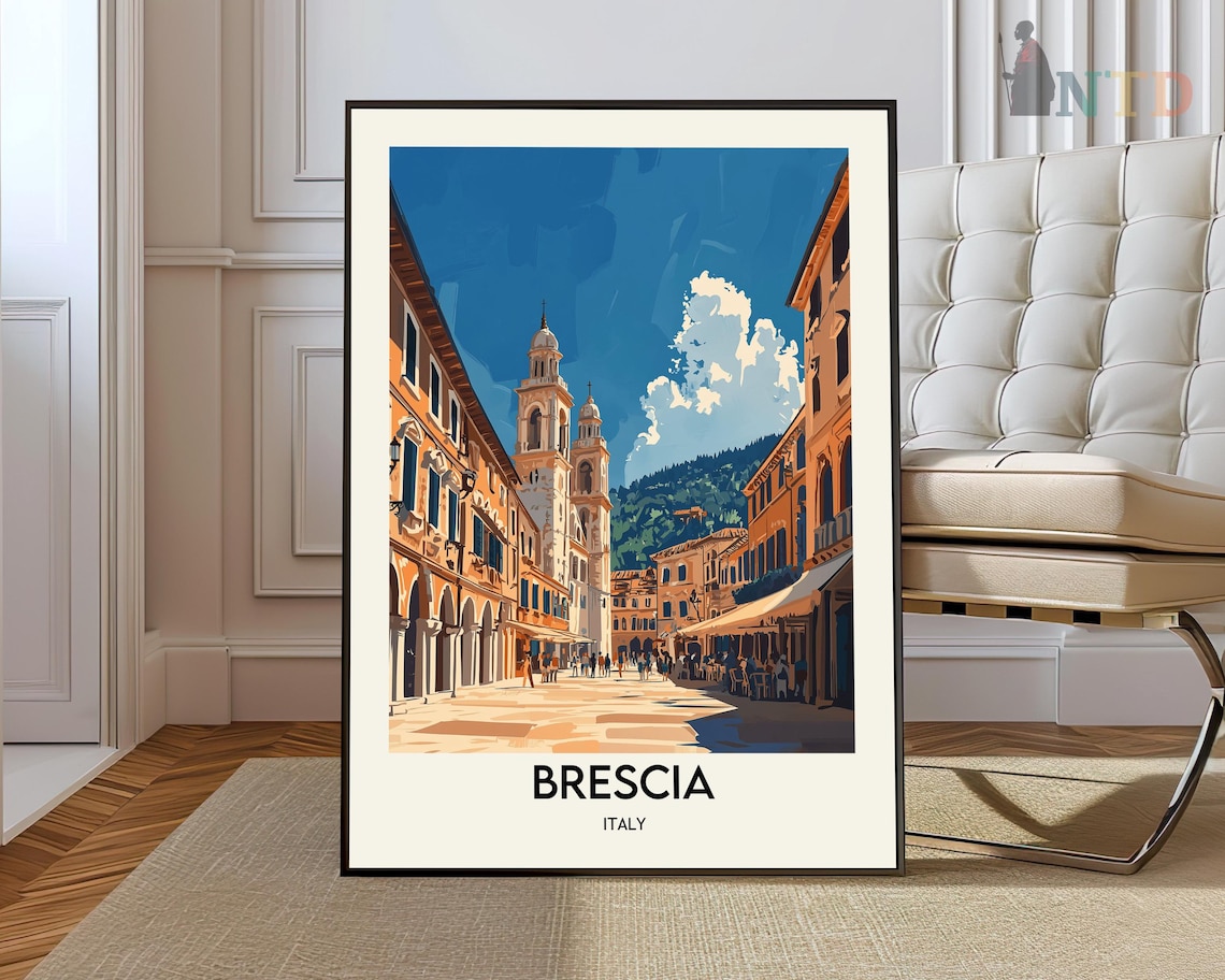 Brescia Italy Sunny Old Town Street Church Towers Travel Poster
