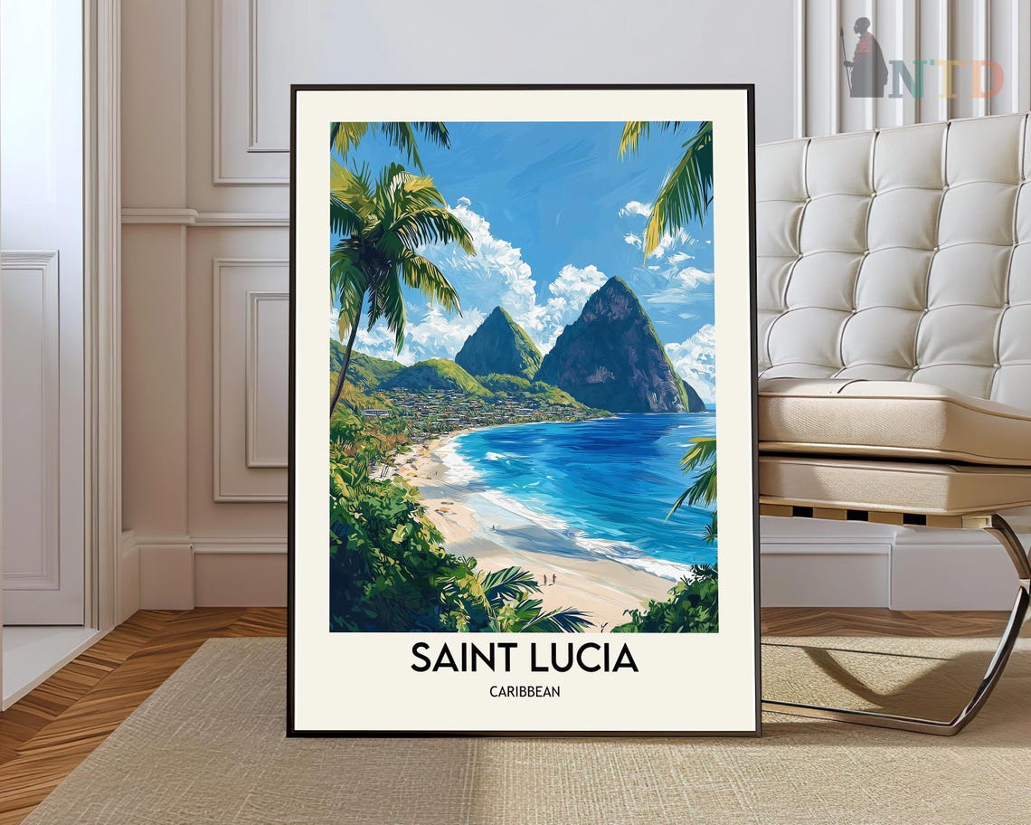 Saint Lucia Caribbean Pitons Golden Beach Palm Trees Travel Poster