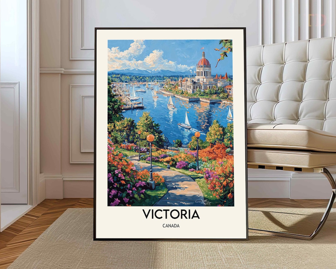 Victoria Canada Harbor Sailboats Parliament Gardens Travel Poster