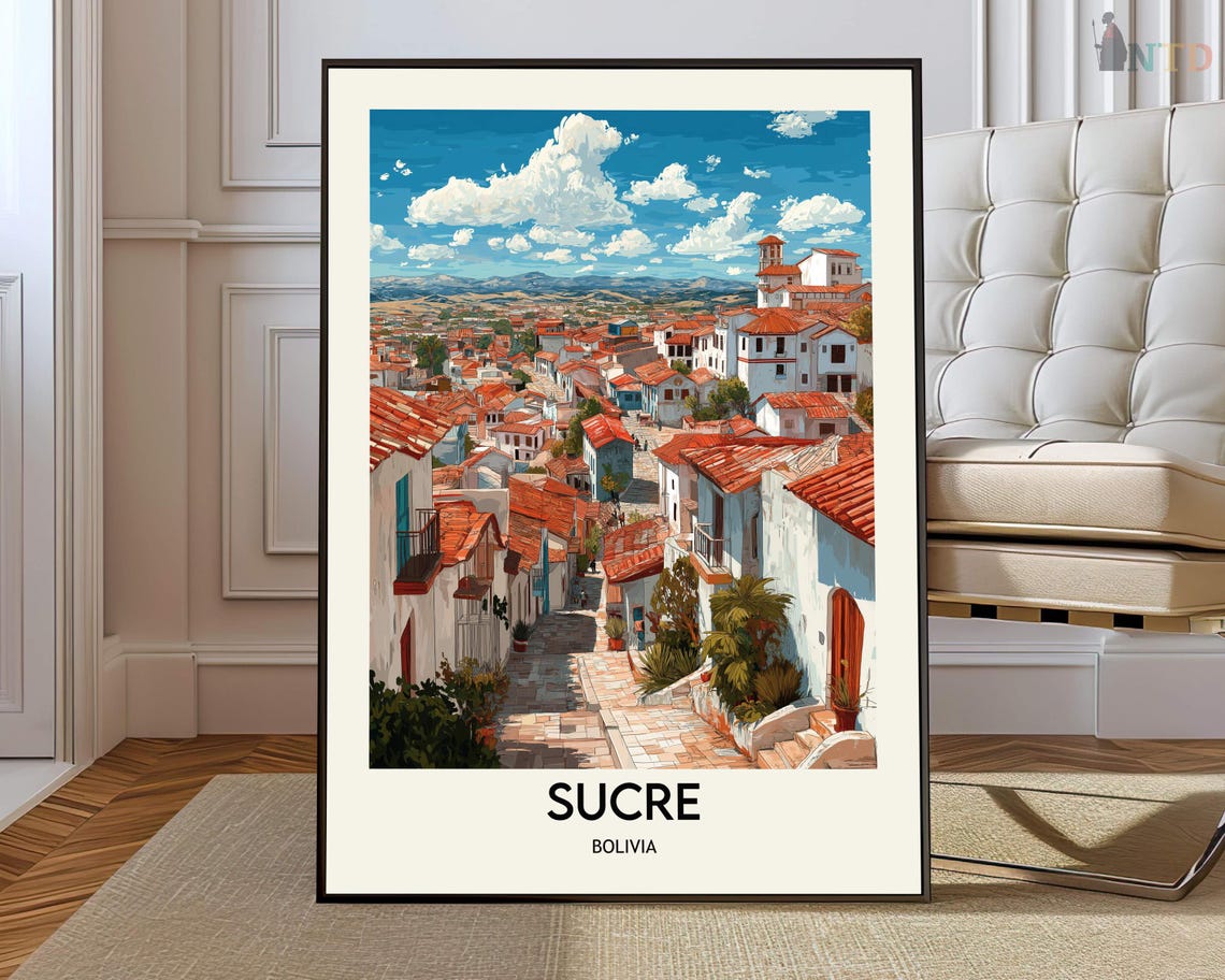 Sucre Bolivia Red Roof Hillside Colonial Town Panorama Travel Poster