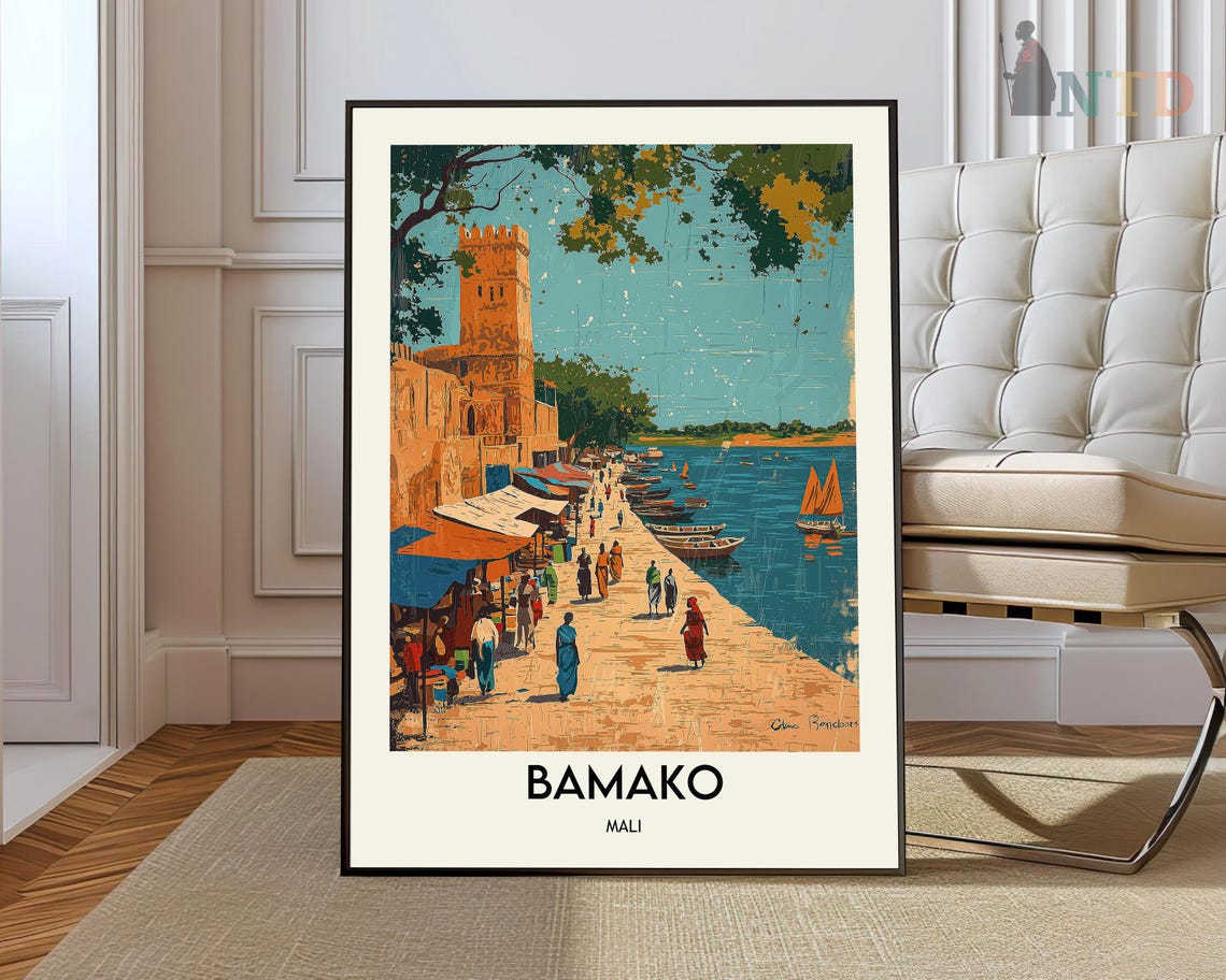 Bamako Mali Riverside Promenade Market Stalls Fort Tower Travel Poster