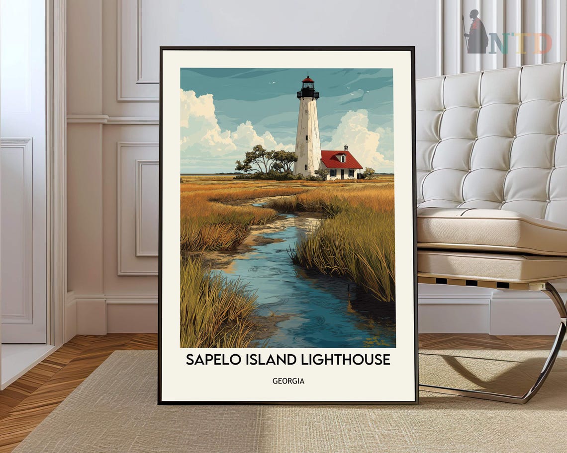Sapelo Island Lighthouse Georgia Tidal Stream Golden Marsh Art Poster