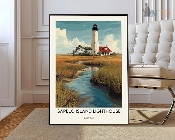 Sapelo Island Lighthouse Georgia Tidal Stream Golden Marsh Art Poster