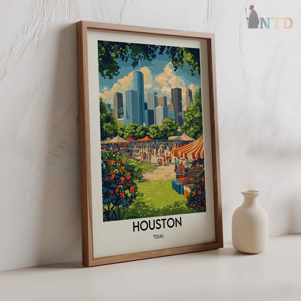 Houston Texas Downtown Skyline Festival Park Market Scene Poster - Image 2