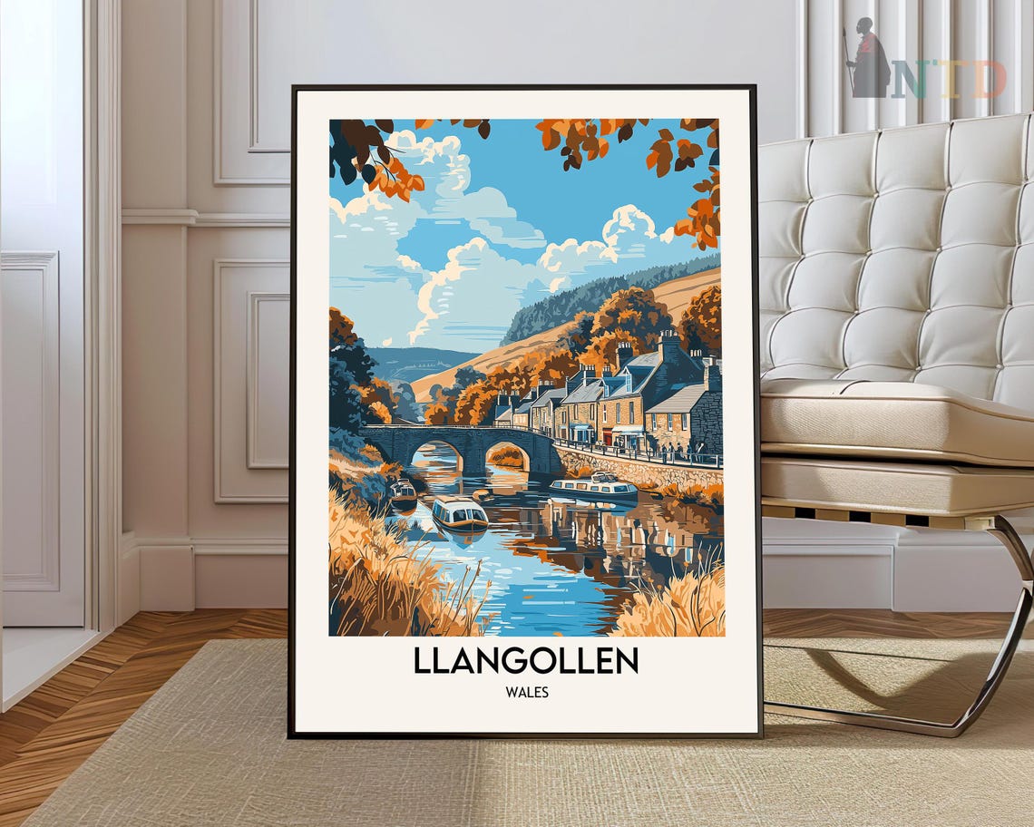 Llangollen Wales Stone Bridge Canal Boats Autumn Hills Travel Poster