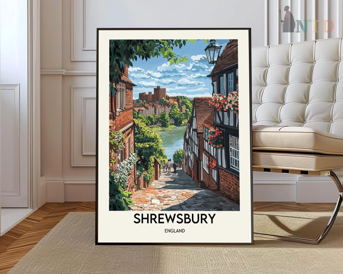 Shrewsbury England Cobblestone Hill Street Vintage Travel Poster