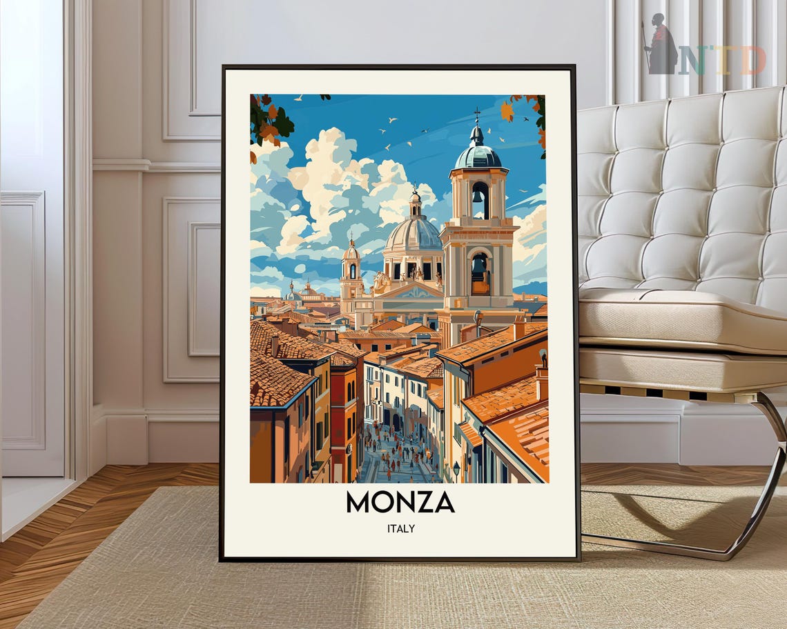 Monza Italy Cathedral Dome And Bell Tower Over Rooftops Travel Poster