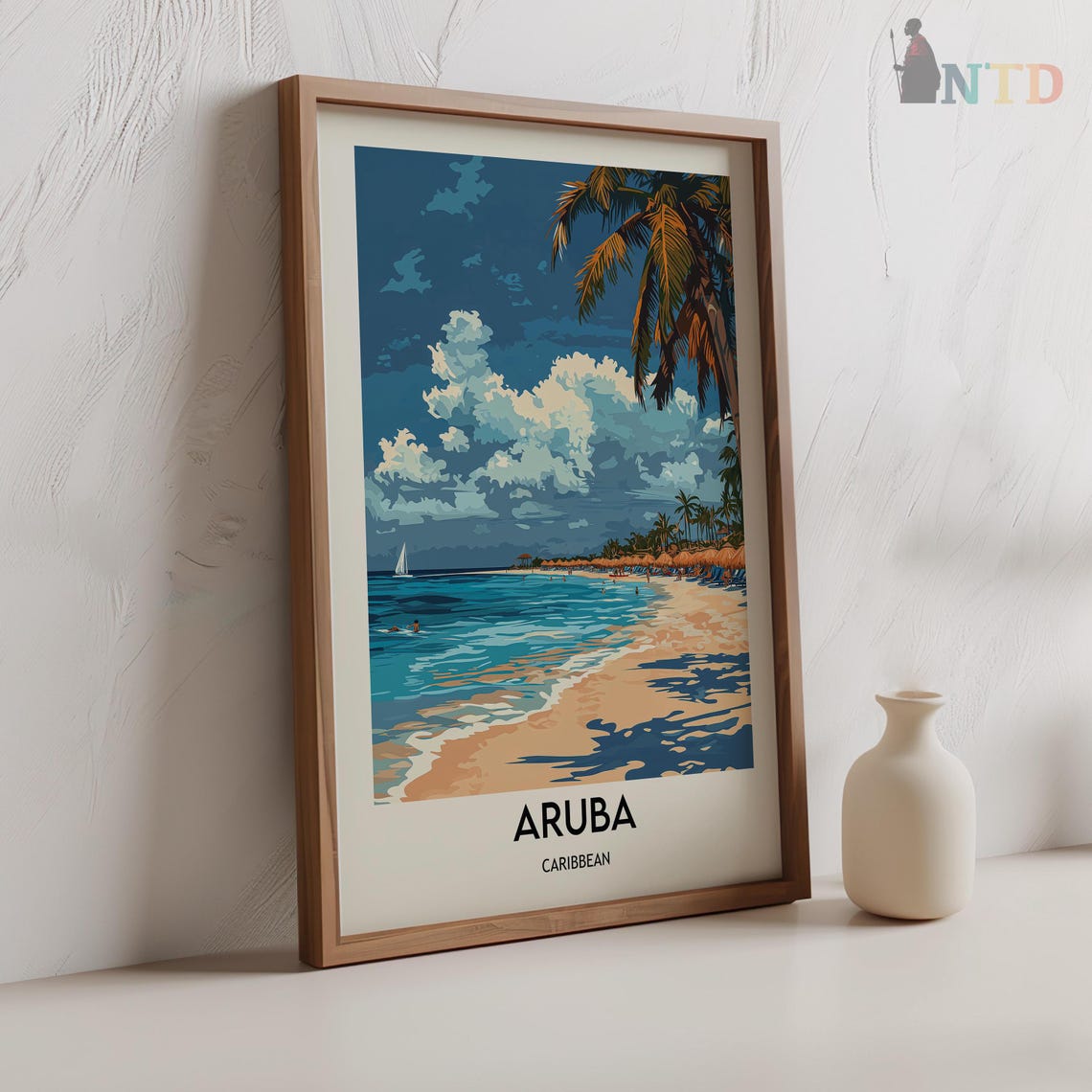 Aruba Palm-Lined Beach with Sailboats on the Caribbean Sea Poster - Image 2