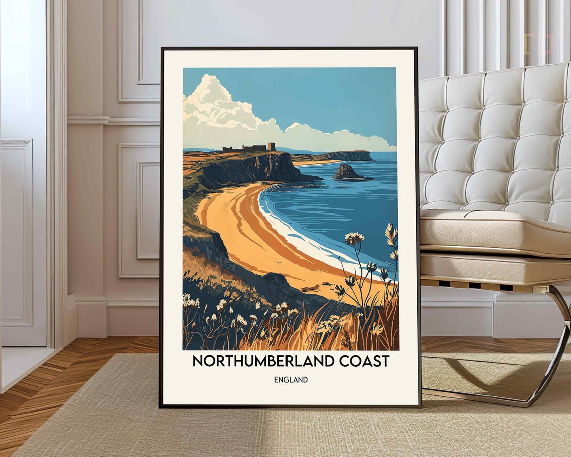 Northumberland Coast England Golden Beach Cliffs Castle Travel Poster