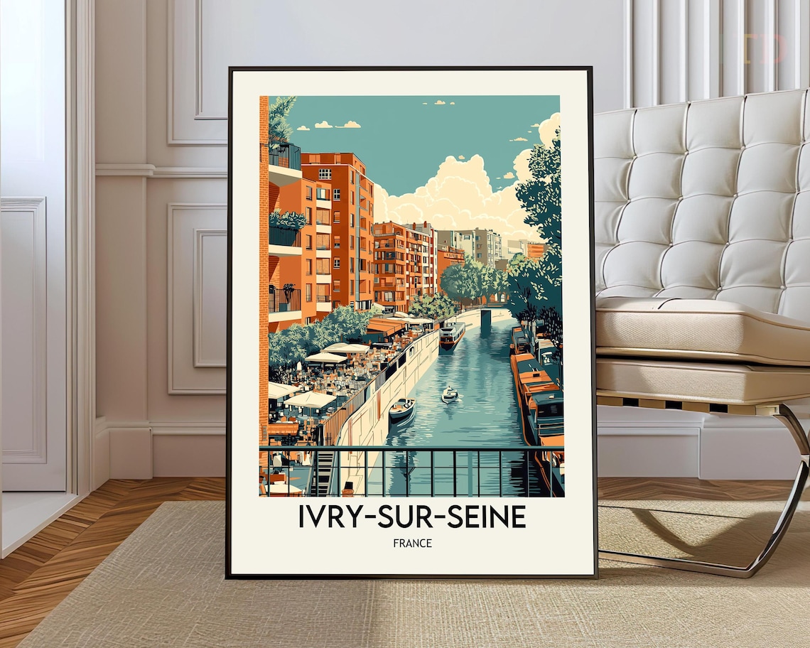 Ivry-sur-Seine France Canal Houseboats Brick Buildings Travel Poster