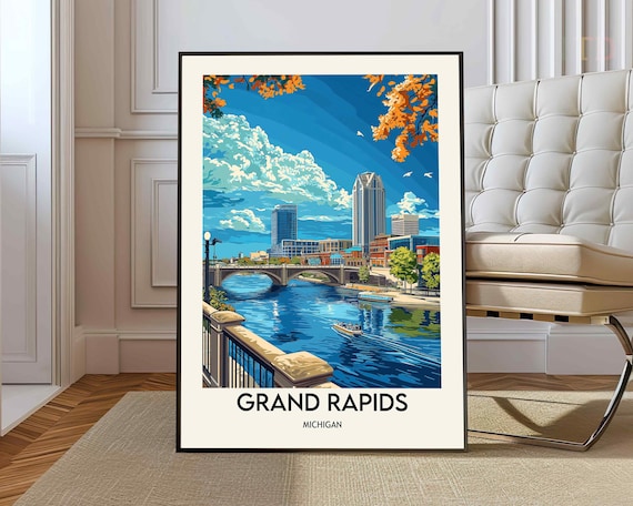 Grand Rapids Michigan Vintage Travel Poster of the Downtown Skyline