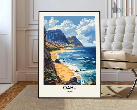 Oahu Hawaii Turquoise Bay Cliffs Sandy Cove Daytime Travel Poster