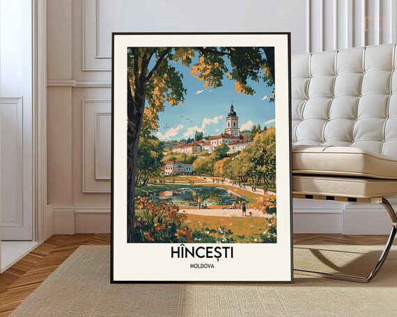 Hincesti Moldova Autumn Park Lake Church View Vintage Style Travel Poster
