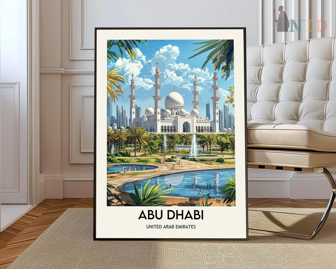 Abu Dhabi UAE Grand Mosque Palm Gardens Vintage Travel Poster