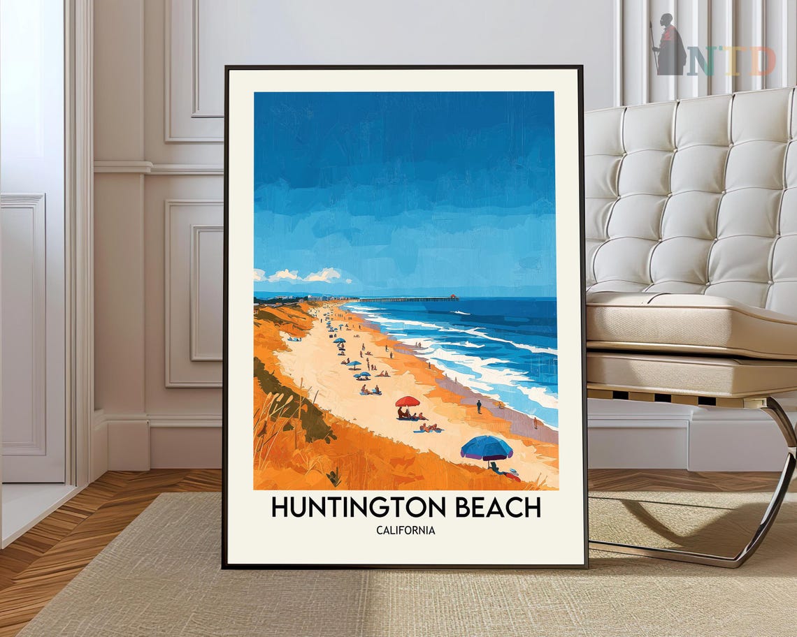 Huntington Beach California Surf Sand Umbrellas Travel Poster