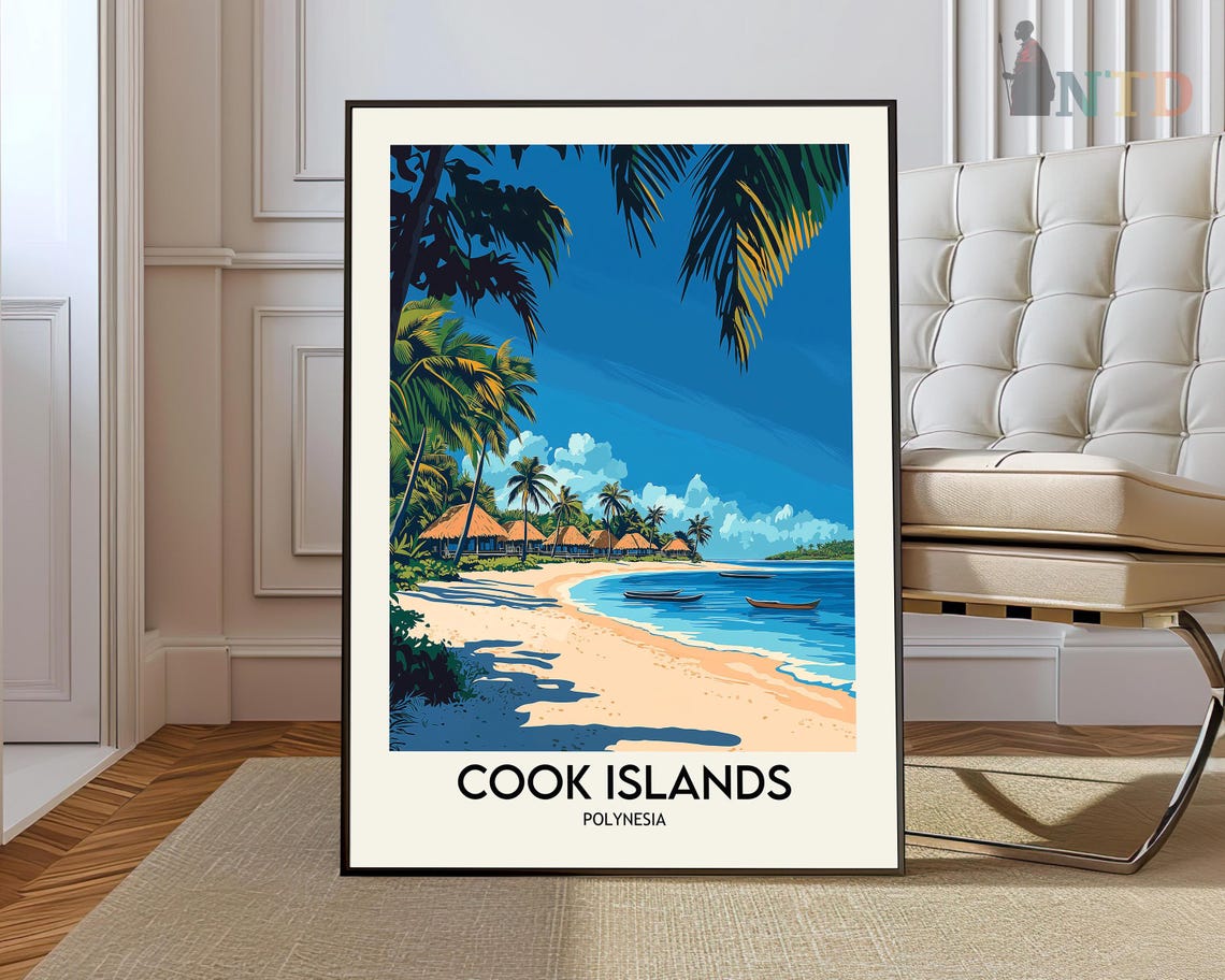 Cook Islands Polynesia Palm Beach Huts Tropical Travel Scene Poster