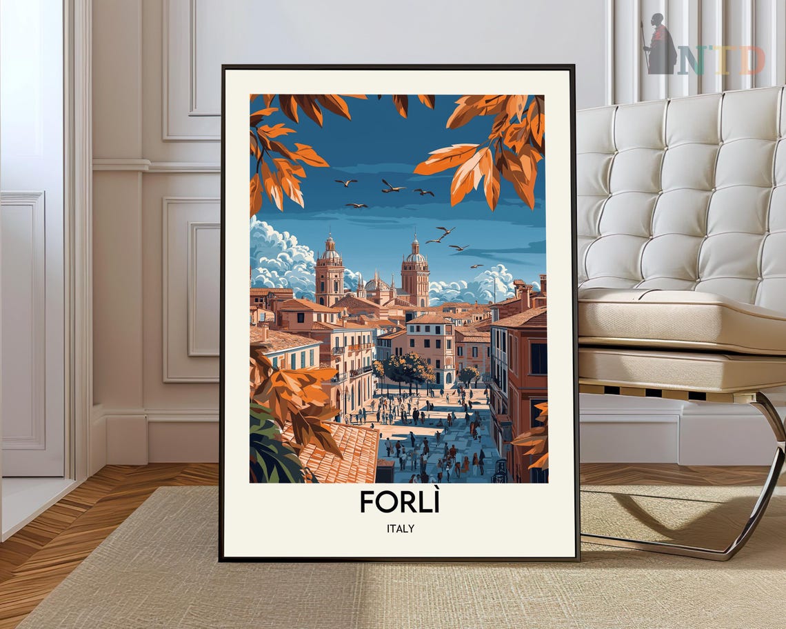 Forli Italy Bustling Street Twin Towers Autumn Leaves Travel Poster