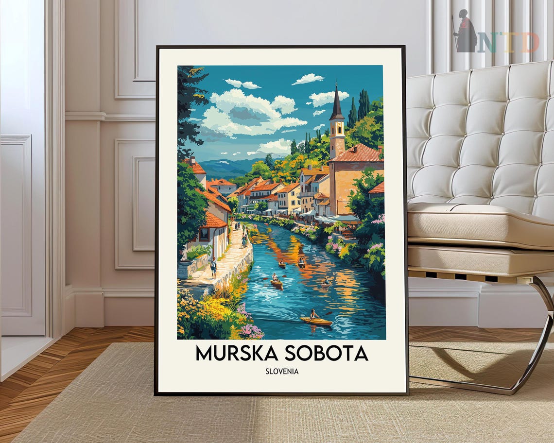 Murska Sobota Slovenia Riverside Town Canoes Colorful Travel Poster