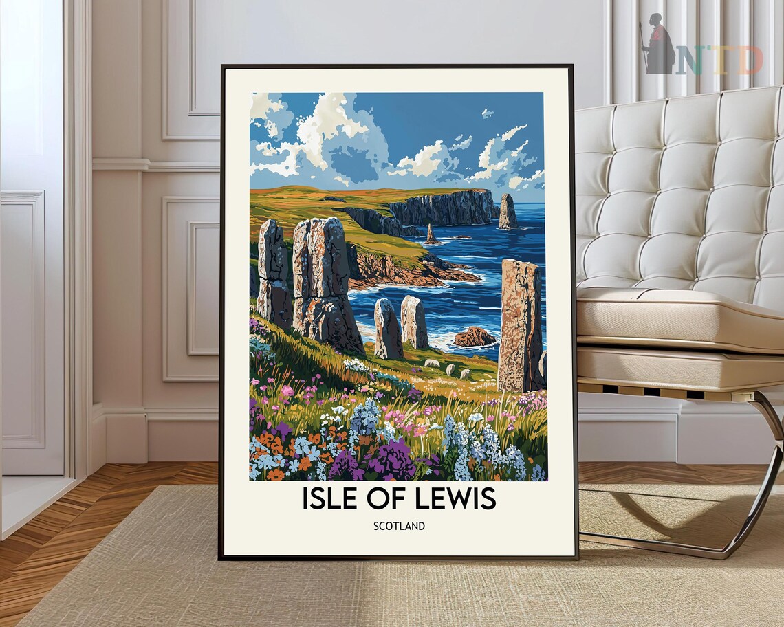 Isle of Lewis Scotland Travel Poster with Sea Cliffs and Wildflowers