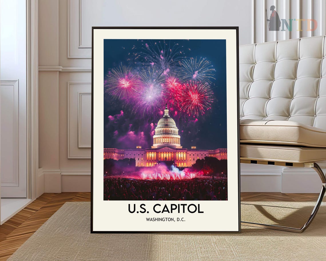 U.S. Capitol Building With Fireworks At Night Washington Poster