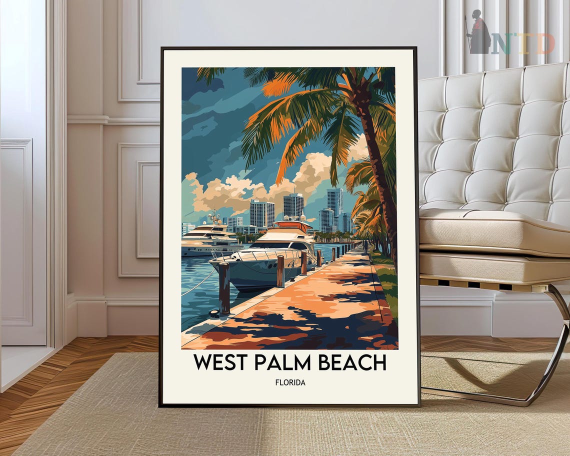 West Palm Beach Florida Marina Yacht Palm Vintage Travel Poster