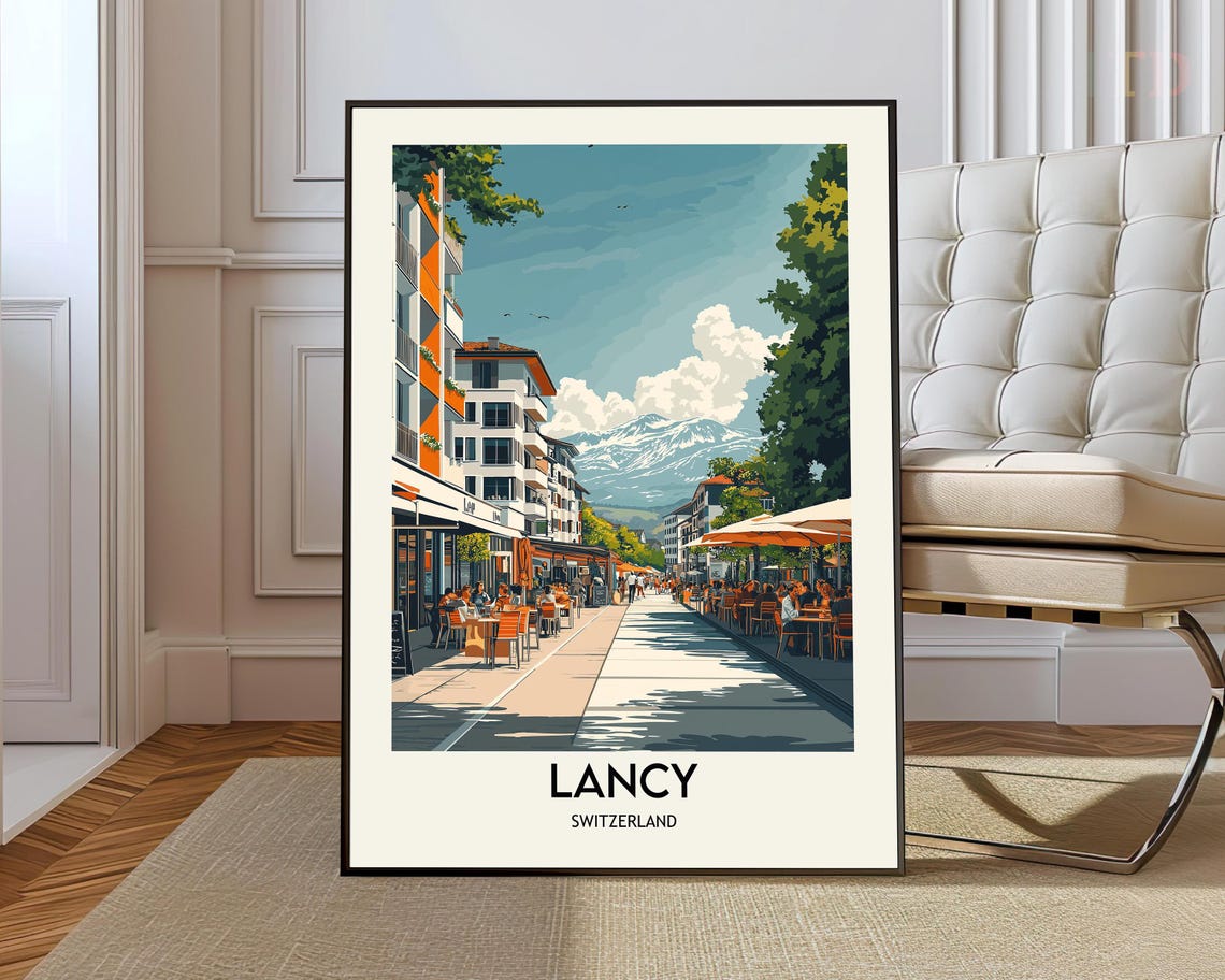 Lancy Switzerland Modern City Travel Poster With Cafes And Mountains
