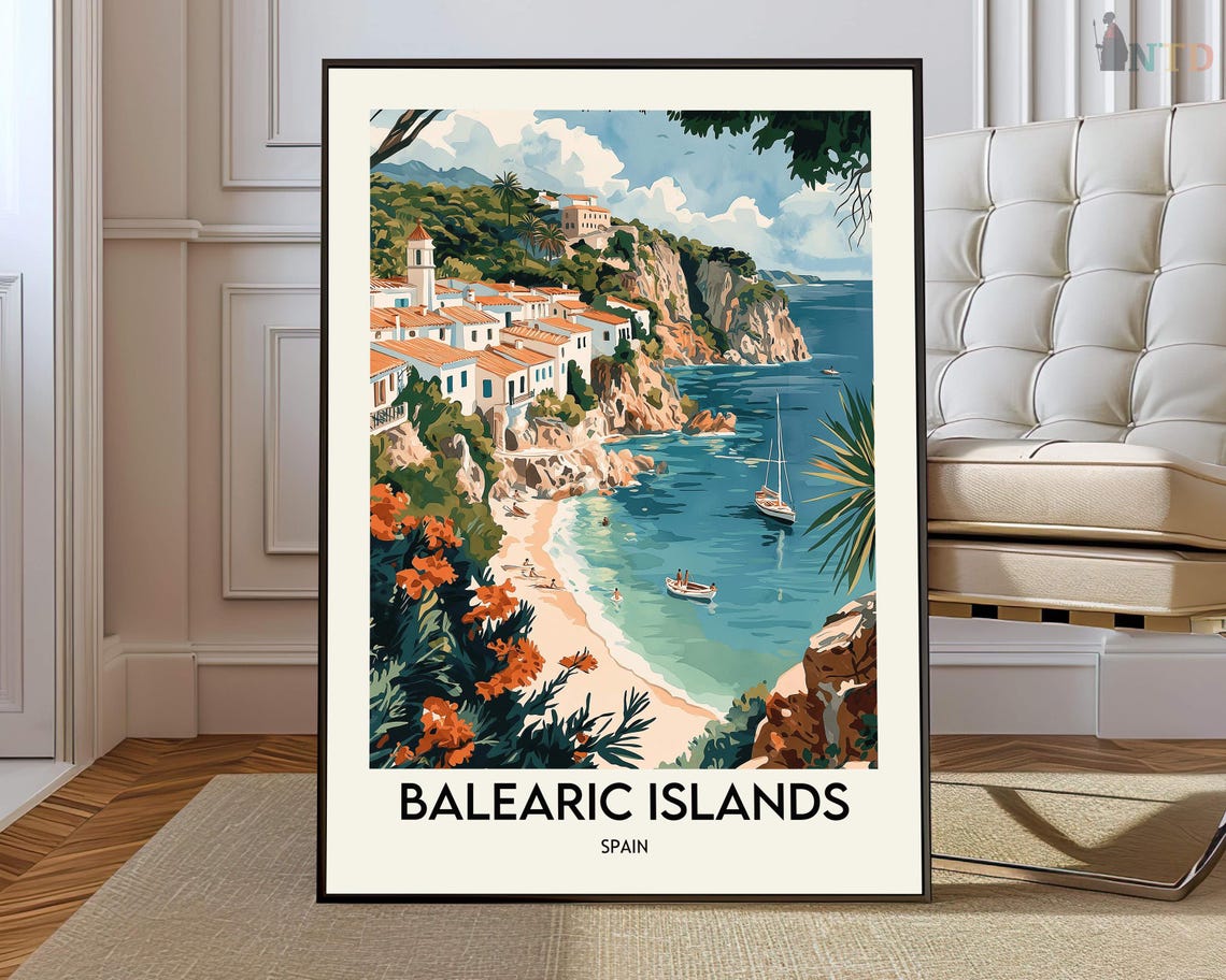 Balearic Islands Spain Whitewashed Cliffside Village Bay Poster