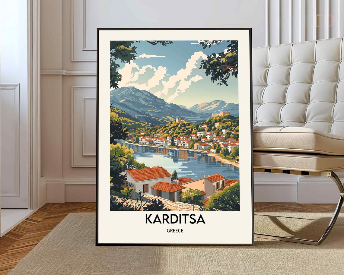 Karditsa Greece Lakeside Village Mountain Lake Travel Scene Poster