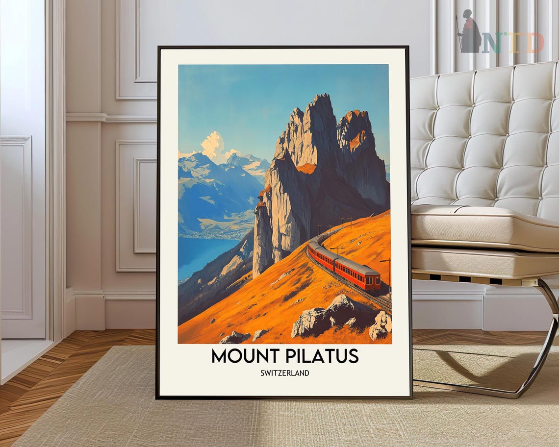 Mount Pilatus Switzerland Golden Hillside Red Cogwheel Train Poster