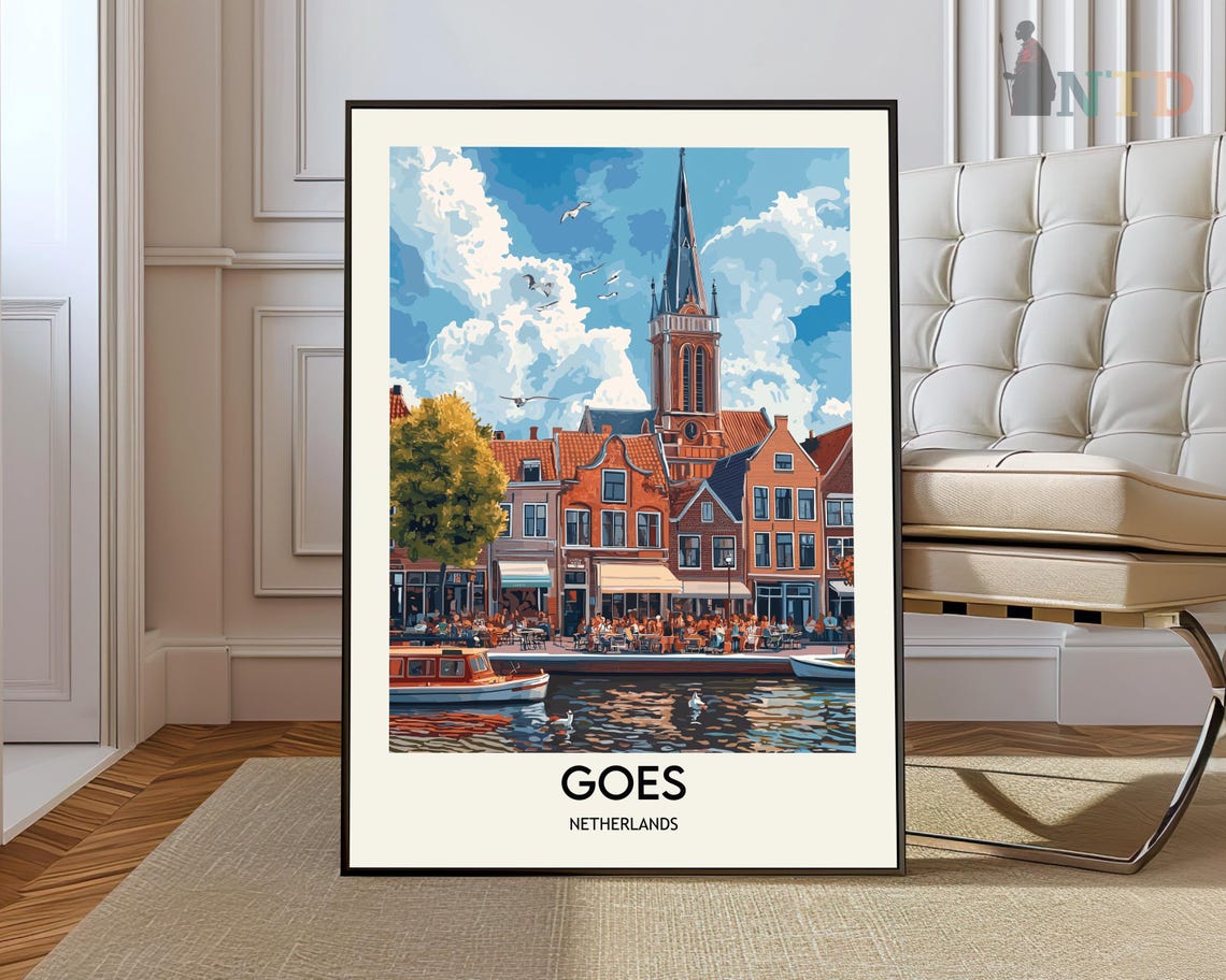 Goes Netherlands Church Tower Sunny Harbor Retro Tourism Poster