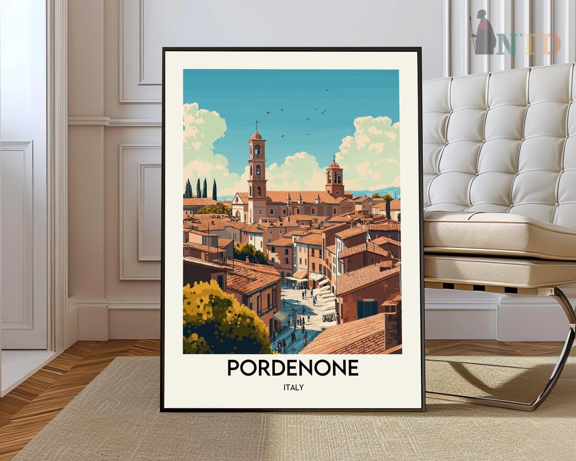Pordenone Italy Old Town Rooftops Church Towers Travel Poster
