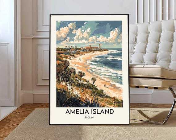 Amelia Island Florida Vintage Beach Travel Destination Illustration Poster