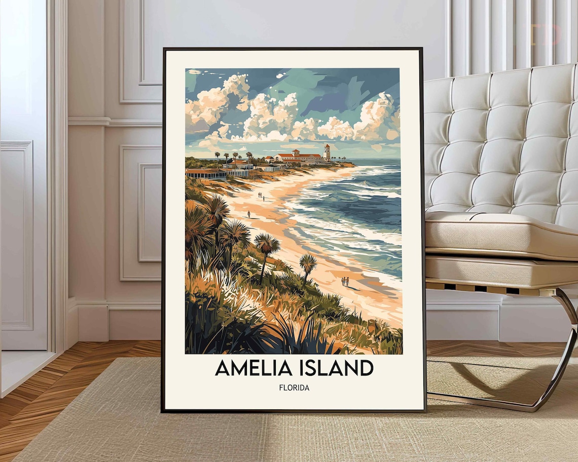 Amelia Island Florida Vintage Beach Travel Destination Illustration Poster