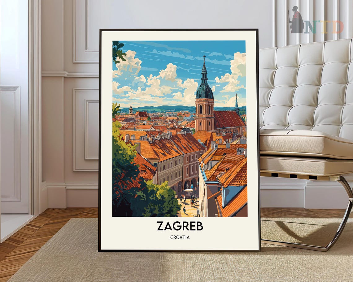 Zagreb Old Town Red Rooftops Church Spire Vintage Travel Poster