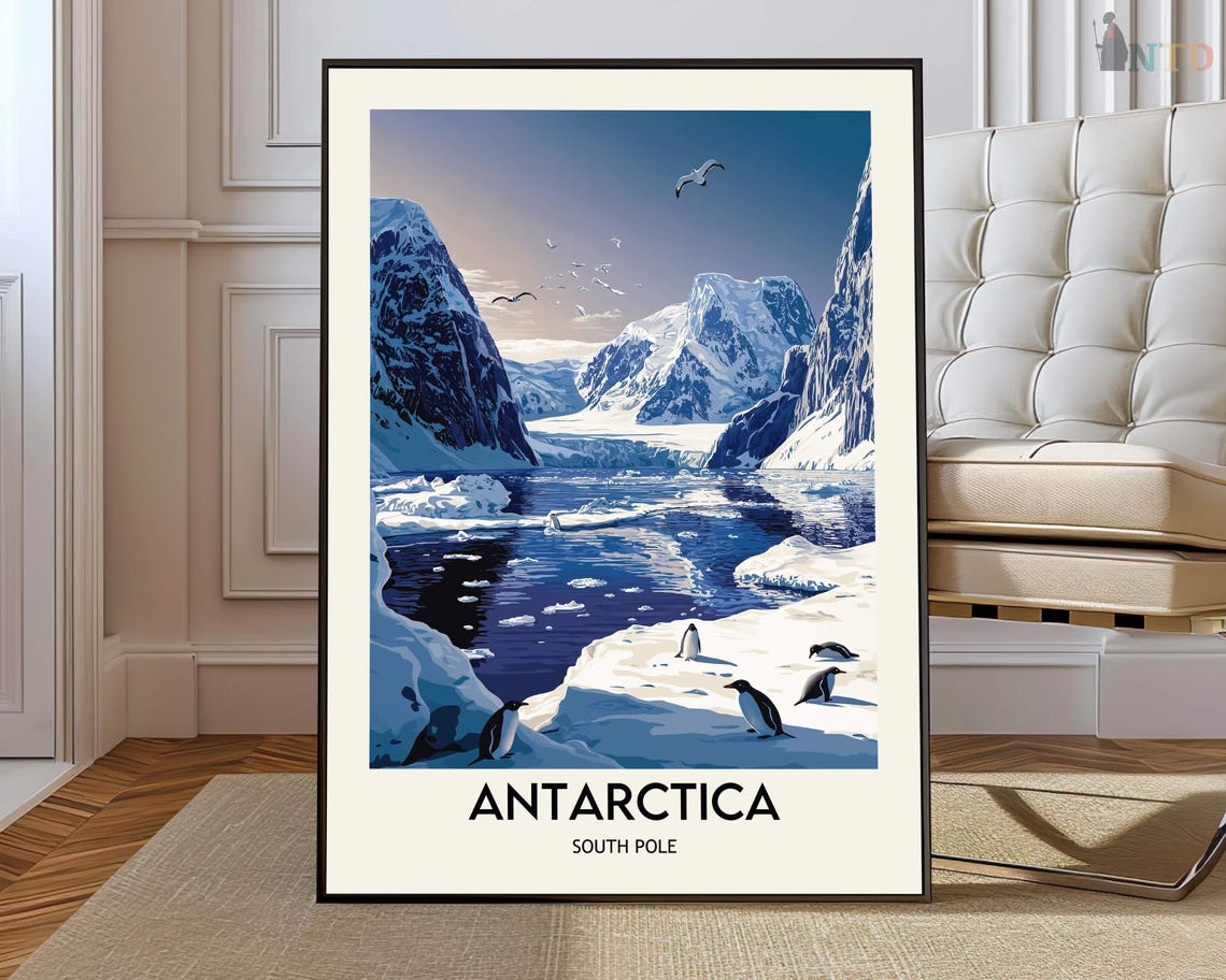 Antarctica South Pole Penguins Iceberg Illustrated Travel Poster