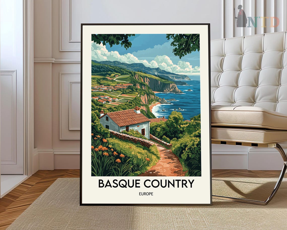 Basque Country Europe Coastal Cliffs Farmhouse Vintage Poster