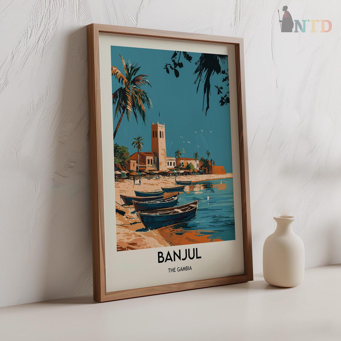 Banjul The Gambia Palm Trees Fishing Boats Beach Tower Travel Poster - Image 2