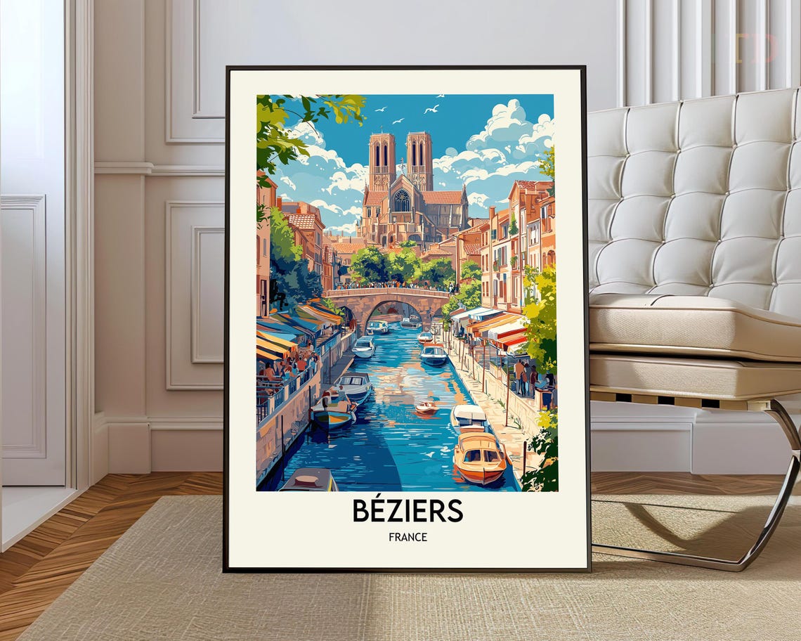 Béziers France Canal Boats Beneath the Twin-Towered Cathedral Poster