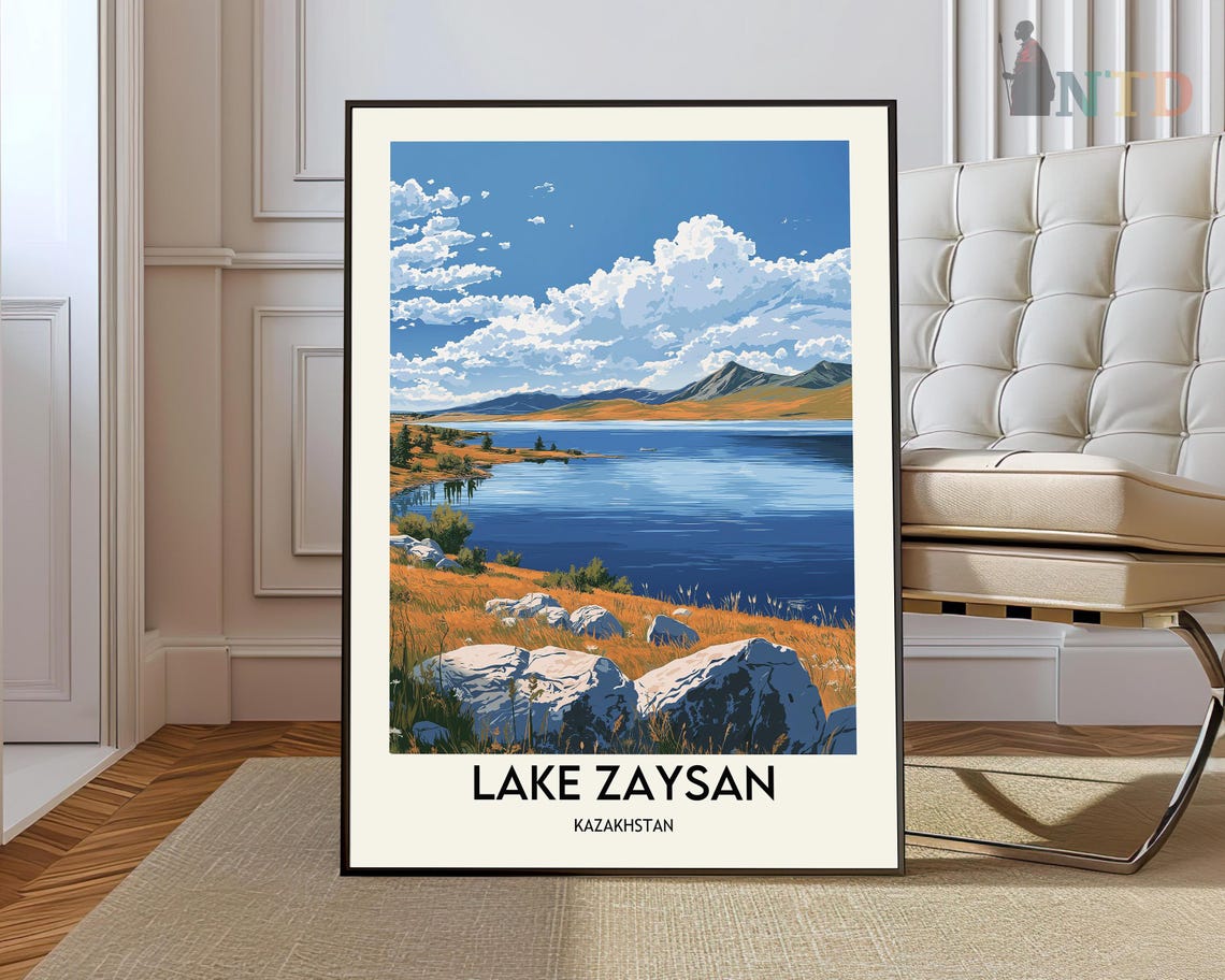 Lake Zaysan Kazakhstan Mountain Lake Golden Steppe Travel Poster