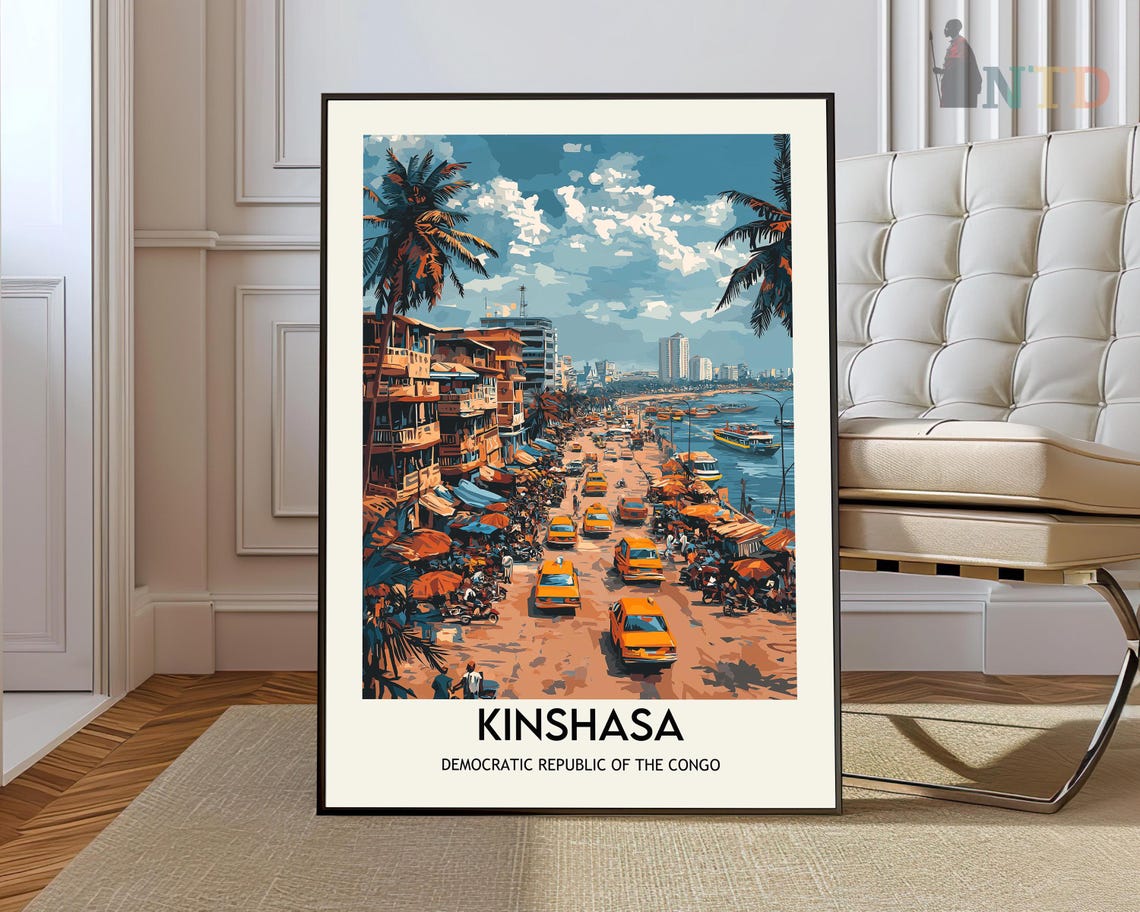 Kinshasa Congo Busy Street With Yellow Taxis And Palms Travel Poster