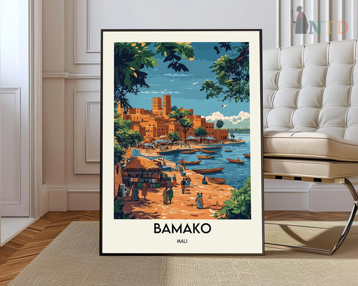 Bamako Mali River Beach Market Pirogues Mud Architecture Travel Poster