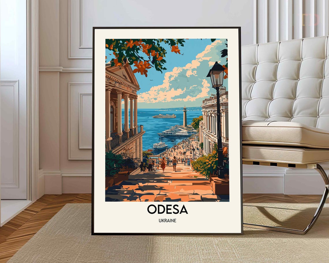 Odesa Ukraine Harbor Staircase Seaside Vintage Travel Poster